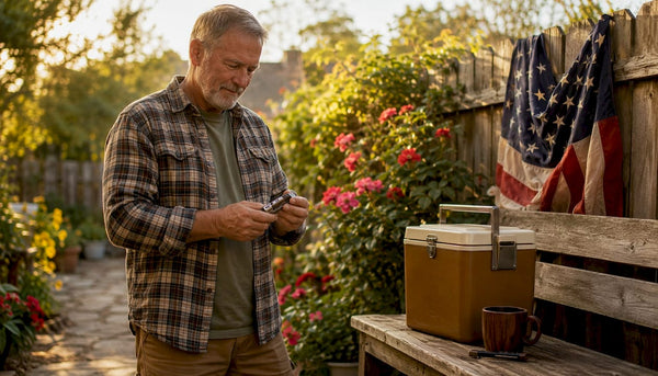 Veteran dad examining a durable multi-tool outdoors