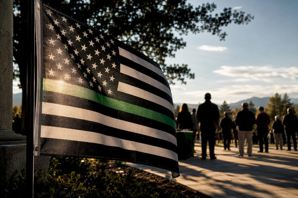Thin green line flag at memorial gathering