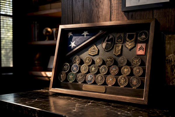Challenge coins arranged in a meaningful shadow box