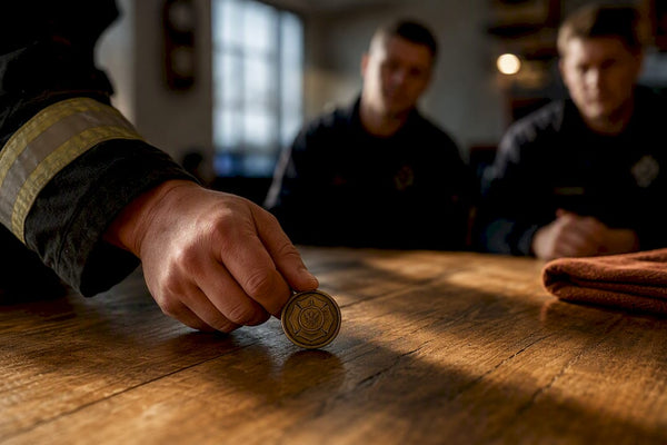 Firefighter starting a challenge coin check