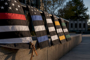 Cropped tribute flag stripes in memorial courtyard