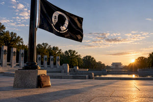 POW MIA flag above memorial plaza