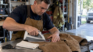 Firefighter applying iron-on patch to work jacket