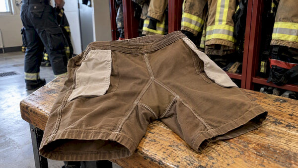 Inside-out work shorts reveal crotch gusset panel