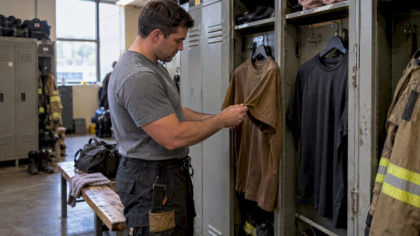 Firefighter compares cotton and polyester shirts