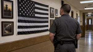 Corrections officer beside a Thin Silver Line flag