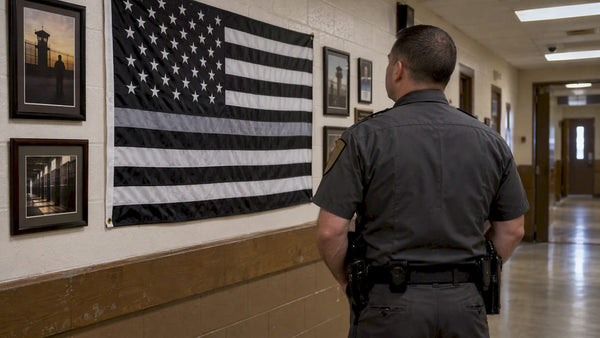 Corrections officer beside a Thin Silver Line flag