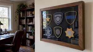 Police patches protected inside a wooden shadow box
