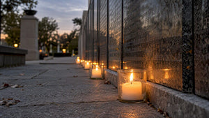 Candles beside an engraved memorial wall