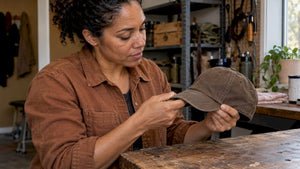 Hands gently shaping a brown baseball cap brim