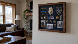 Police retirement keepsakes arranged in a wall shadow box