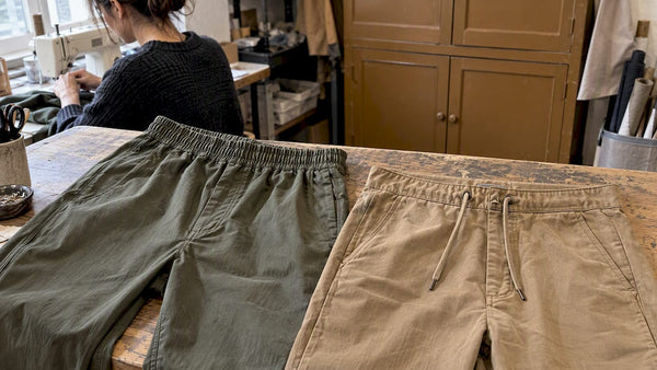 Elastic and drawstring waistbands side by side