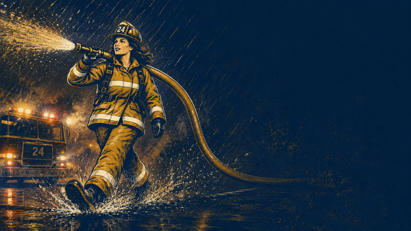 A firefighter runs through rain holding a hose, in turnout coat and helmet, dramatic warm tones and water splashes.