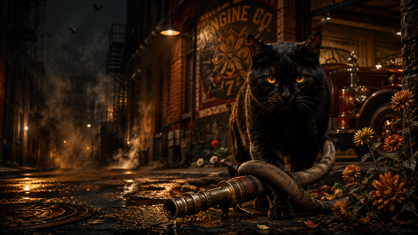 A black cat with glowing amber eyes sits in a dark industrial space with a brass hose nearby.