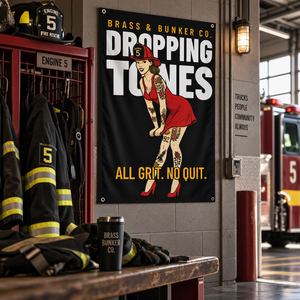 Black fire station banner with a firefighter pin-up in a red dress and helmet, featuring “DROPPING TONES” and “ALL GRIT NO QUIT.”