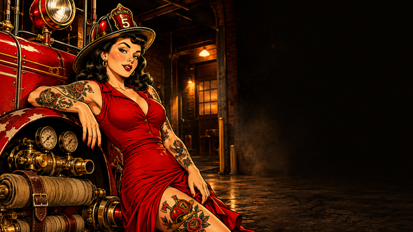 A tattooed woman in a red dress and firefighter helmet leans against a vintage red fire engine in a dim industrial station. 