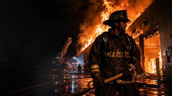 A firefighter in protective gear stands before a large nighttime fire, surrounded by flames, smoke, and emergency lights.