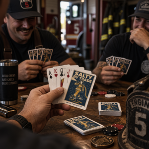 Firefighters playing cards around a station table using a “SALTY BY TRADE” deck, surrounded by firehouse gear and a travel mug.
