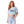 A woman with red hair wearing a light blue cropped t-shirt with 'SALTY BY TRADE' printed in navy blue on the chest, paired with light-wash blue jeans, against a plain white background.
